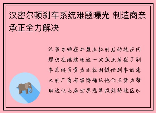 汉密尔顿刹车系统难题曝光 制造商亲承正全力解决
